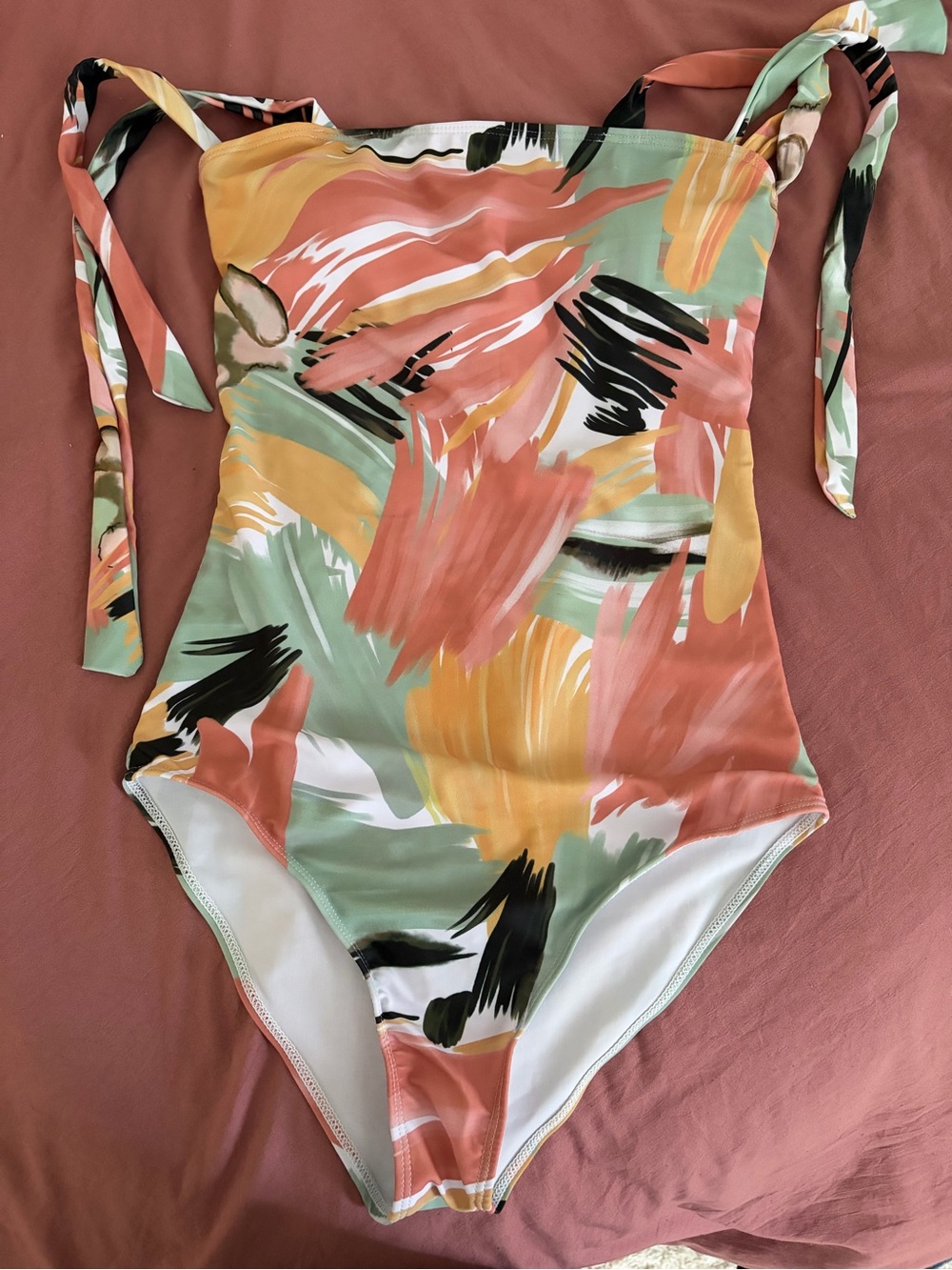 Abstract Brushstroke One-Piece Swimsuit in Mint, Coral & Mustard